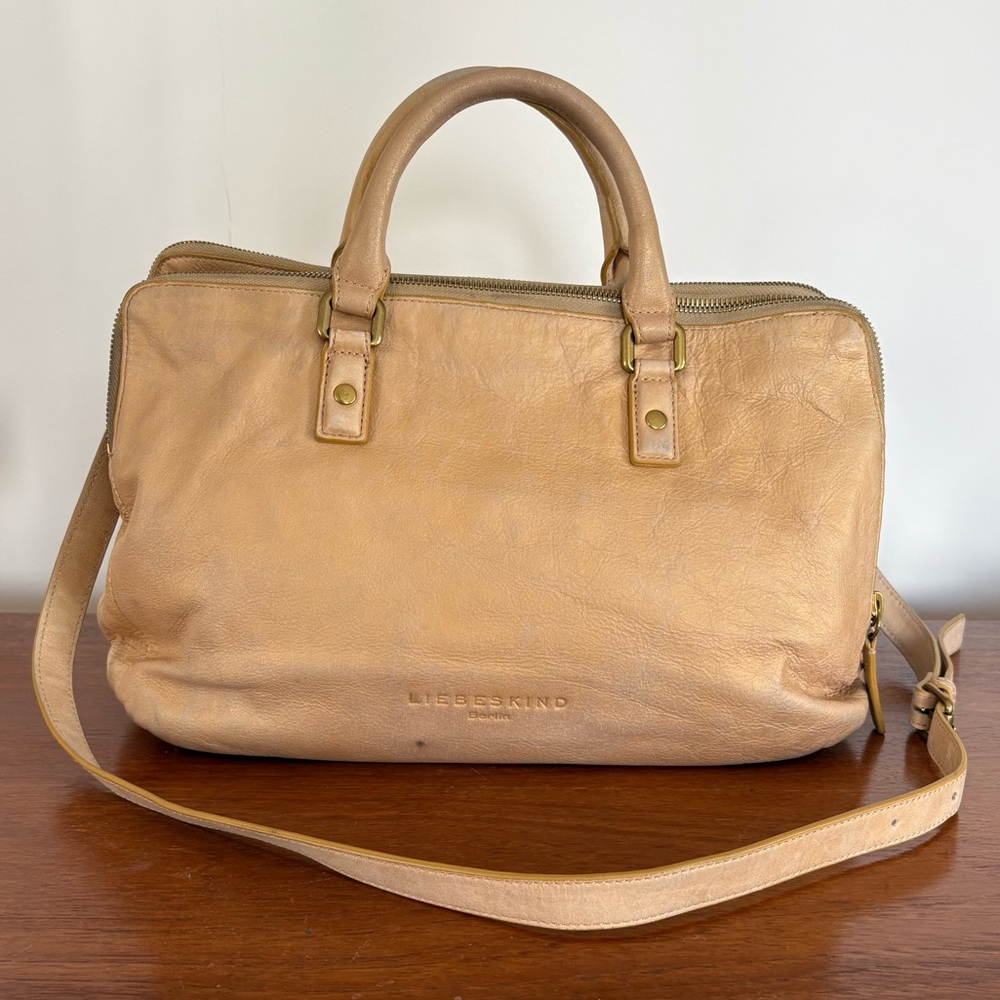 Liebeskind Vintage Tan/Gold Leather Satchel Shoulder Bag with Brass Hardware